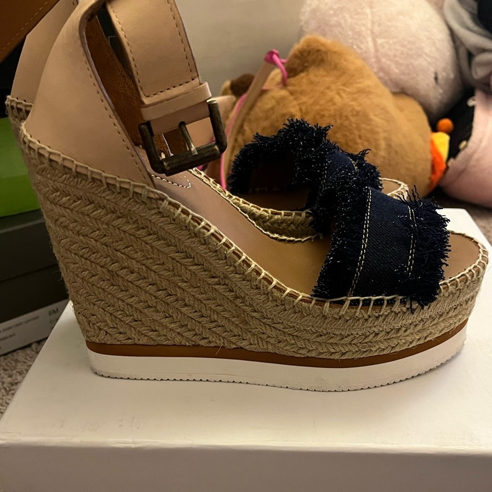 See By Chloe Tan and Navy Wedge Sandals